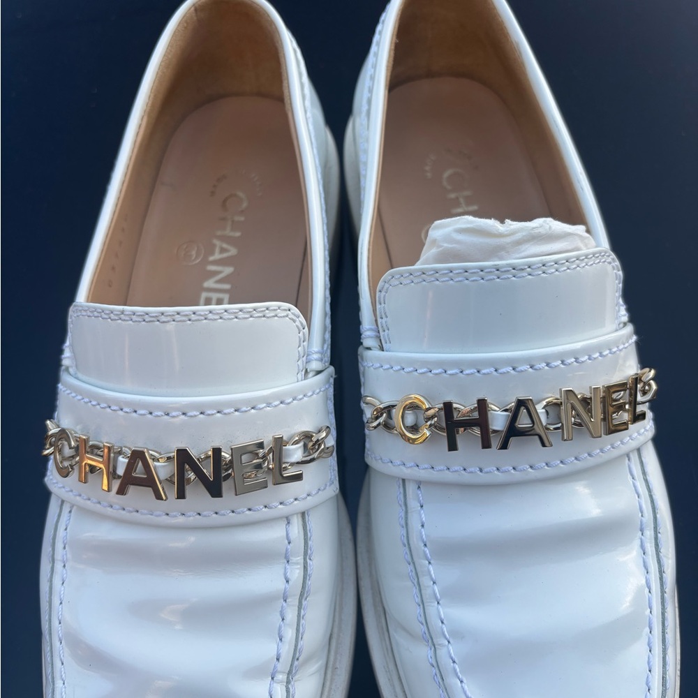 Chanel White Loafers with Gold Logo - Picture 2 of 5